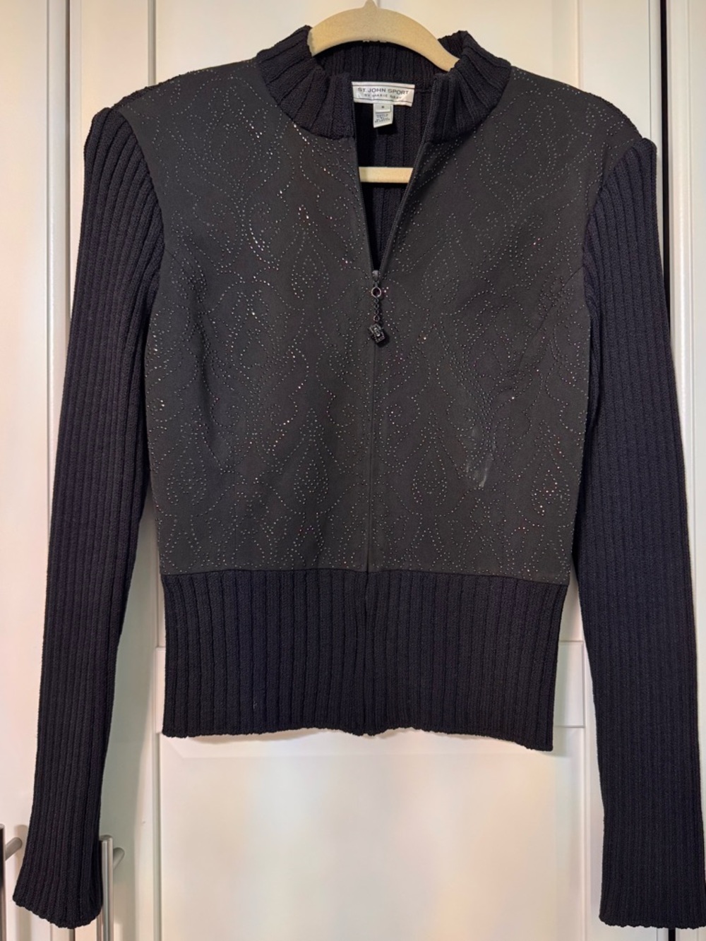 St. John Sport Marie Gray Embellished Zip Sweater Top |